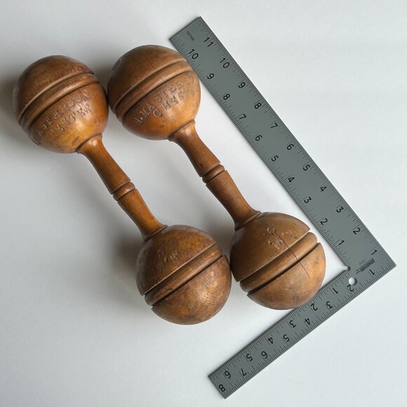 Pair of Vintage Wooden Dumbbells - Picture 3 of 10